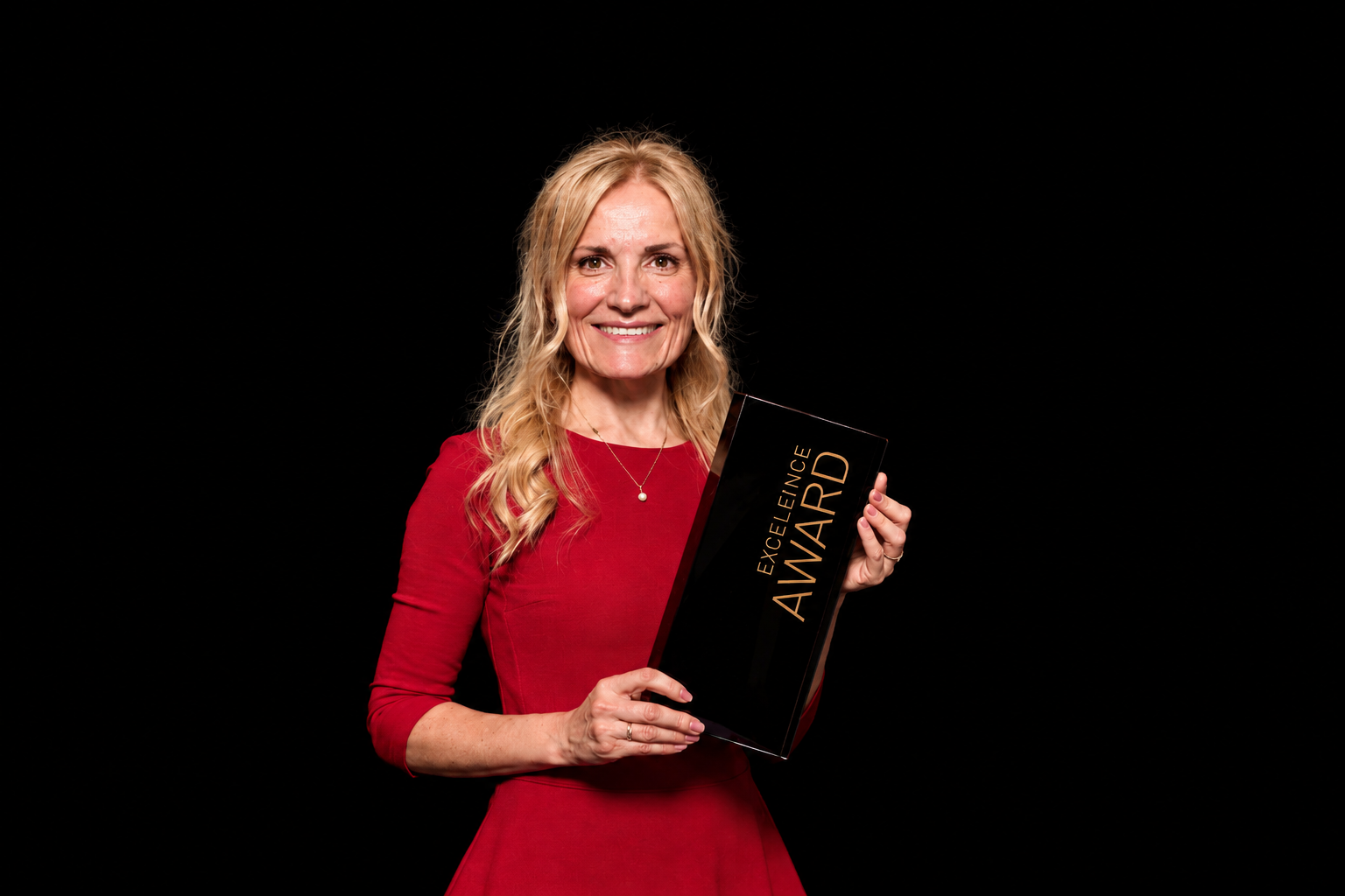 Katharina Ivanenko im roten Kleid, den Excellence Award in beiden Händen